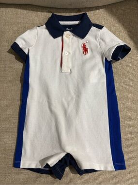 Polo Ralph Lauren baby boy white/navy blue polo romper one piece 6 months